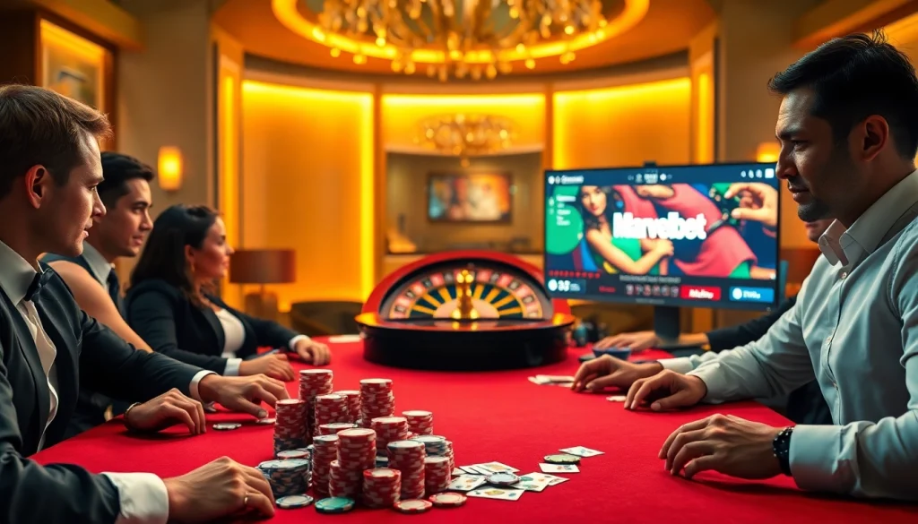 Experience thrilling poker action at Marvelbet.site with colorful chips and glamorous players.