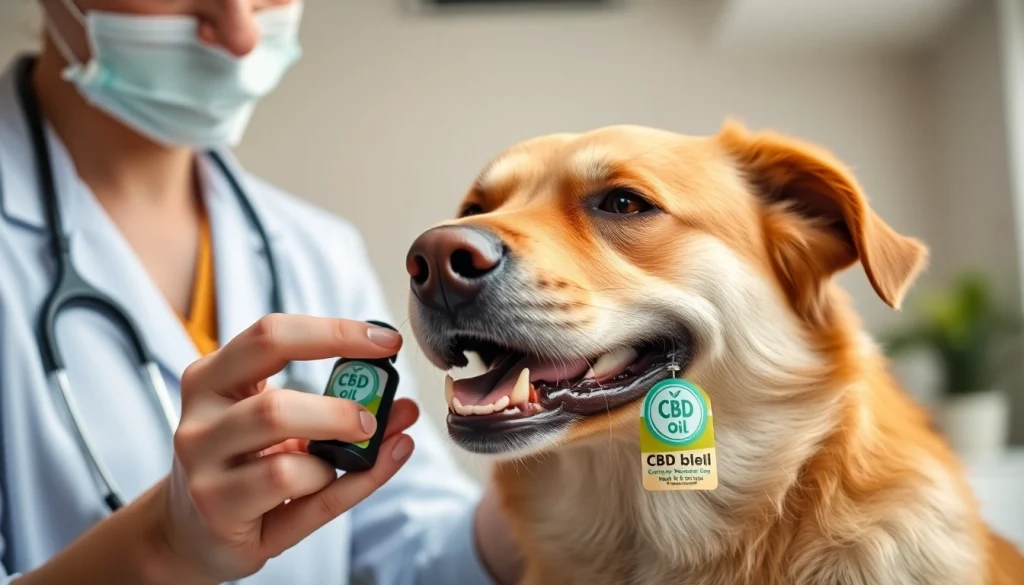 Veterinarian demonstrating CBD Oil For Dog to a relaxed and happy dog in a bright clinic.