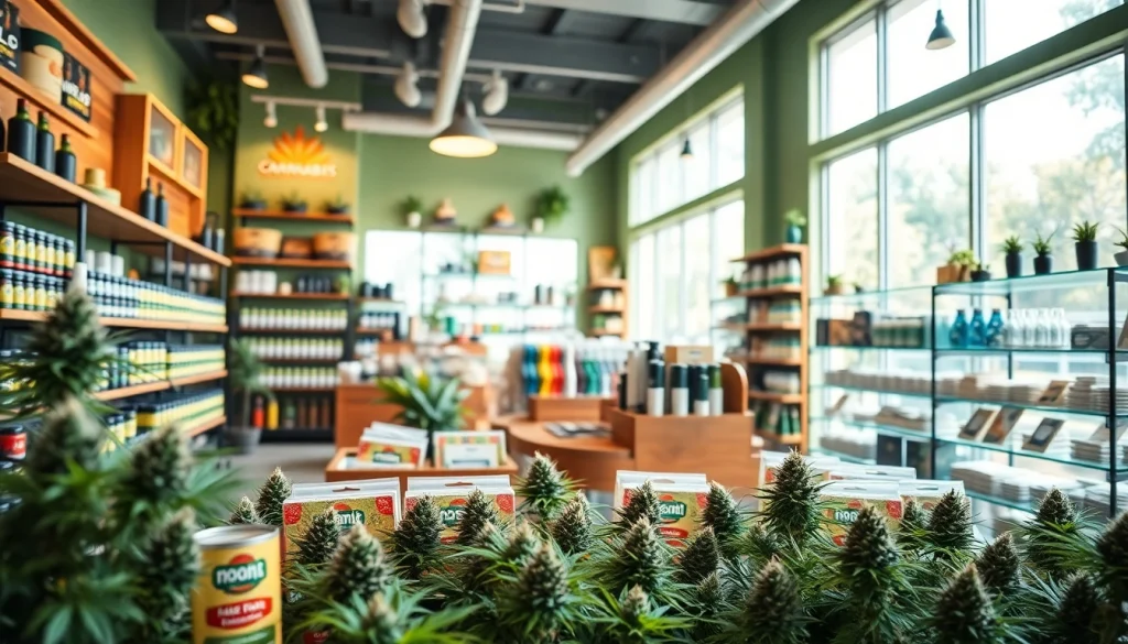 Shop for premium products at a lively Weed Store with a welcoming atmosphere and vibrant displays.