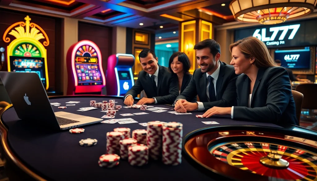 Exciting gambling scene featuring 6L777 poker table, chips, and casino elements.