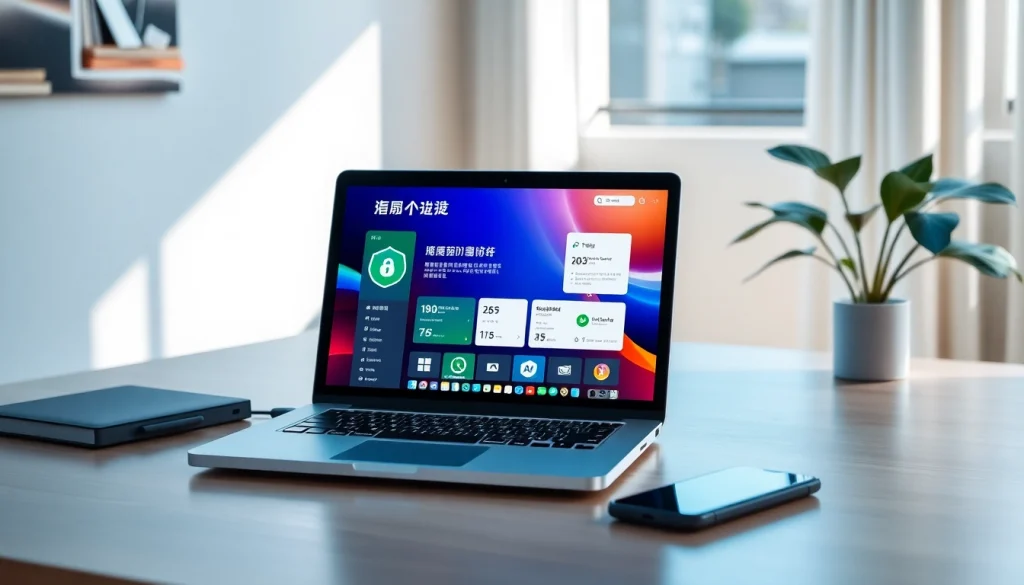 快连下载 interface displayed on a laptop in a modern workspace, showcasing innovative internet security.