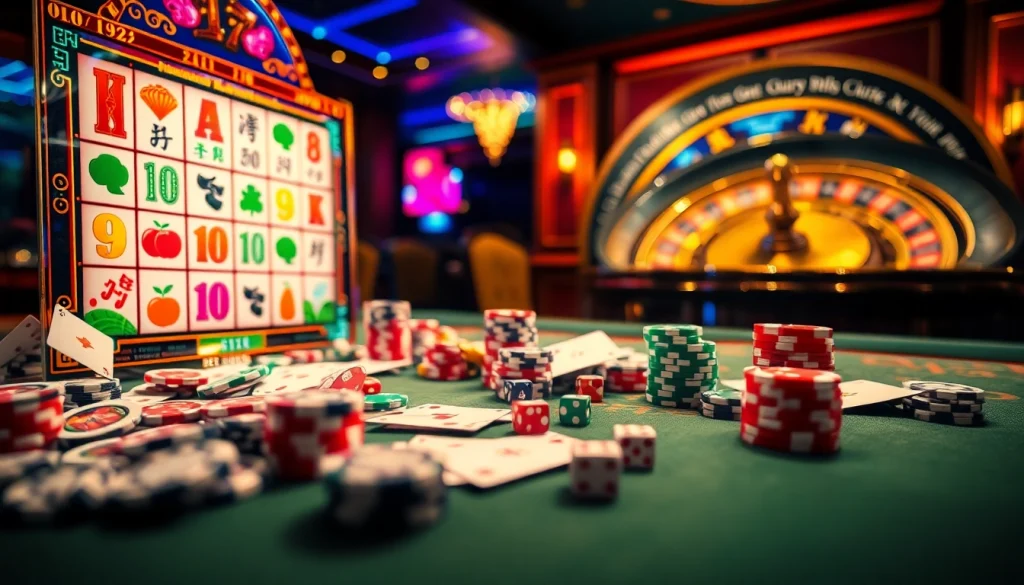 Experience the thrill of slot demo mahjong at a vibrant casino with colorful slot machines and gaming elements.