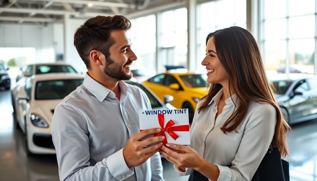Gift card for window tint services presented to a happy couple in a bright car showroom.
