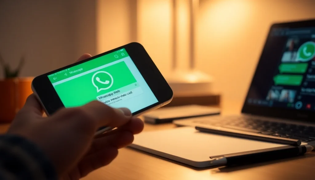 在智能手机屏幕上展示功能的 WhatsApp Web 界面，突出 快连官网 创新。