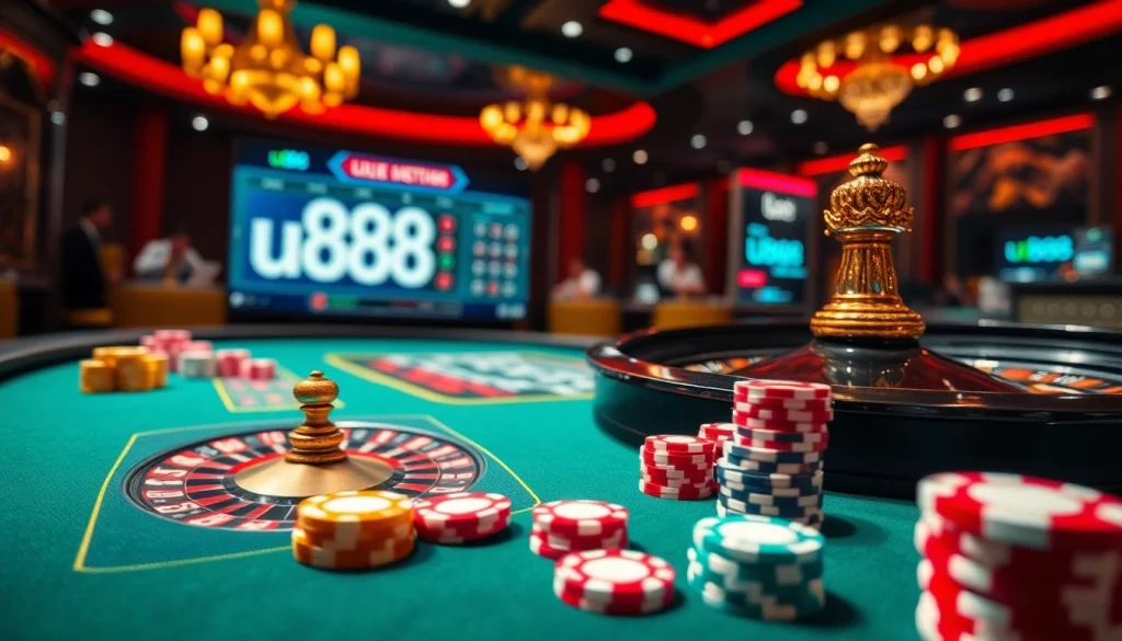Experience the thrill of u888 with a vibrant casino table featuring roulette and poker chips.