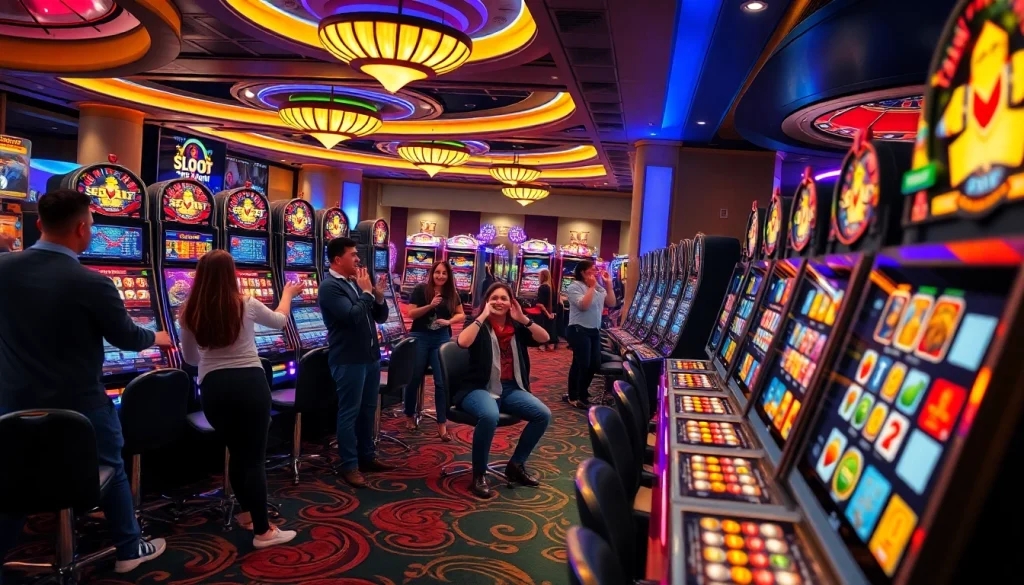 Players enjoying slot depo 5rb games in a vibrant casino, surrounded by colorful slot machines.