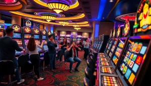 Players enjoying slot depo 5rb games in a vibrant casino, surrounded by colorful slot machines.
