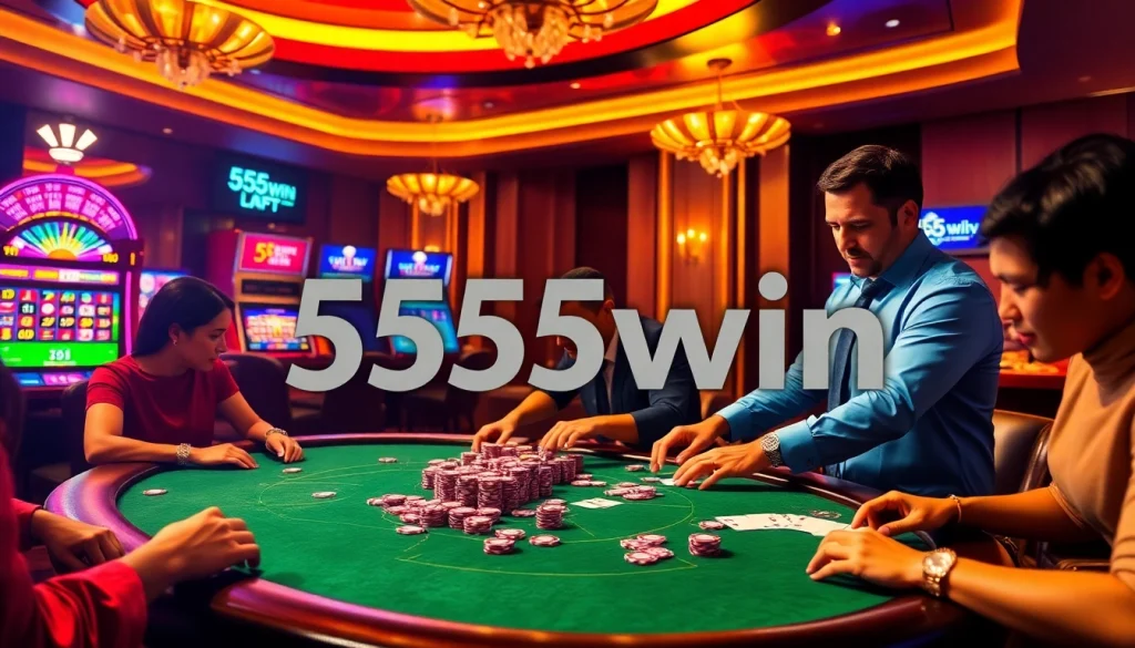 Players strategizing at a professional poker table at 555win casino, surrounded by exciting gambling elements.