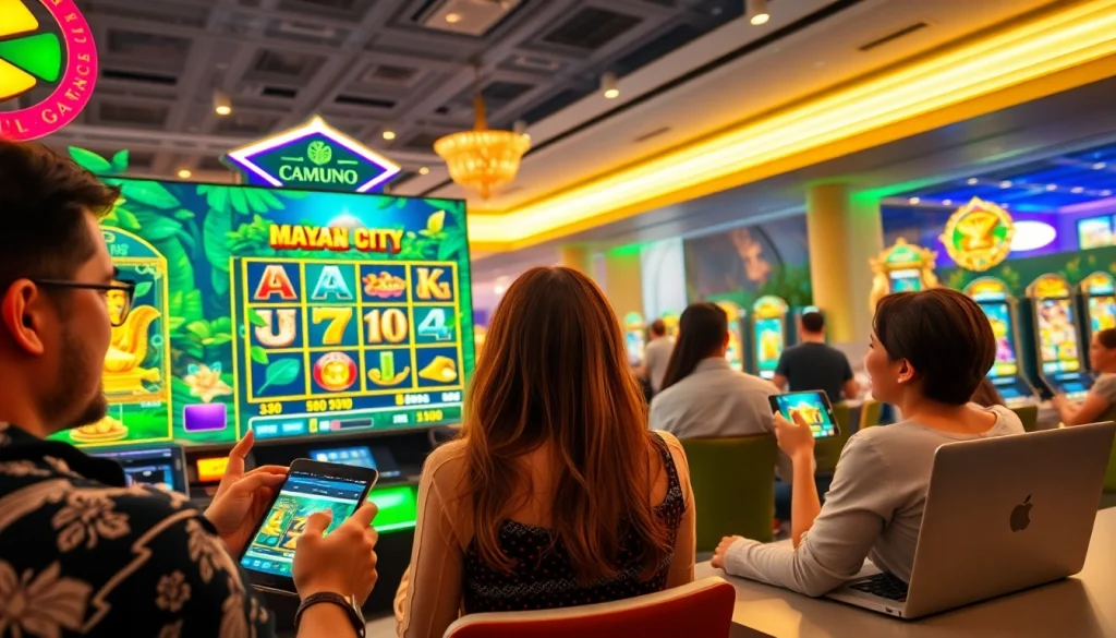 Exciting game atmosphere at https://da88.media/ highlighting diverse players and vibrant slot designs.