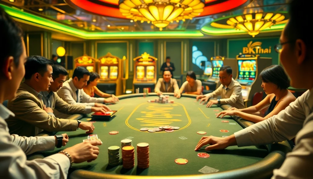 Excited players enjoying a thrilling game at the BK8Thai casino table, showcasing vibrant chips and cards.