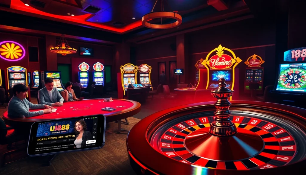 Experience thrilling wins at UU88 with casino tables, poker chips, and slot machines.