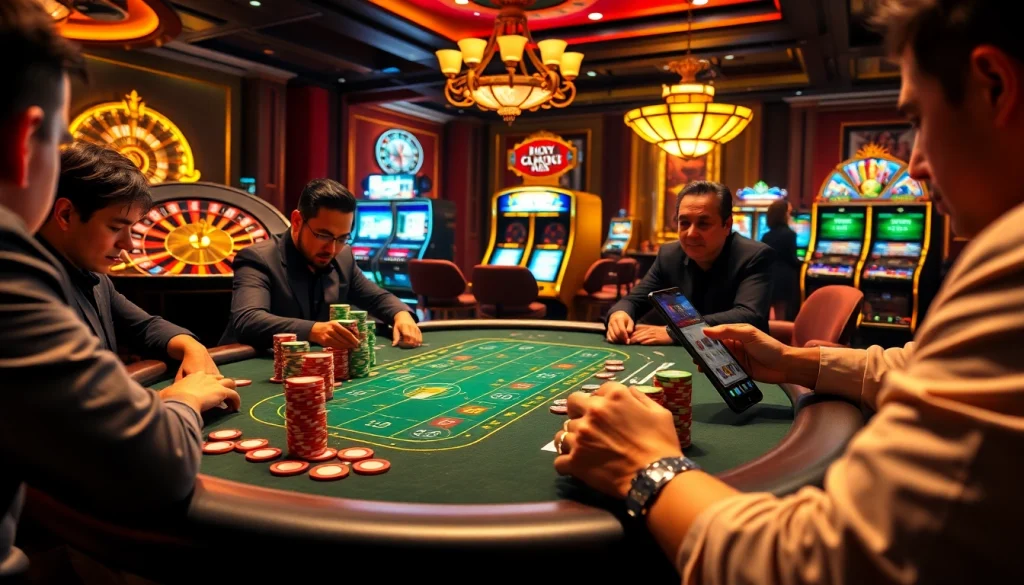 Players strategize at a poker table in a vibrant casino scene inspired by https://mm88k.media/ showcasing excitement and luxury.