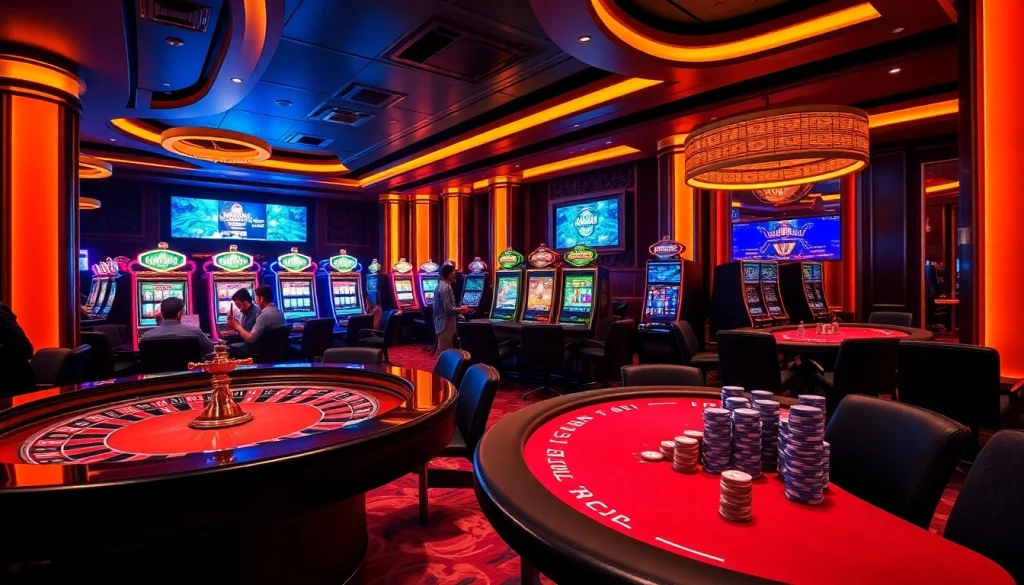 Luckywin players enjoying thrilling games at a luxurious casino, featuring roulette and slot machines.