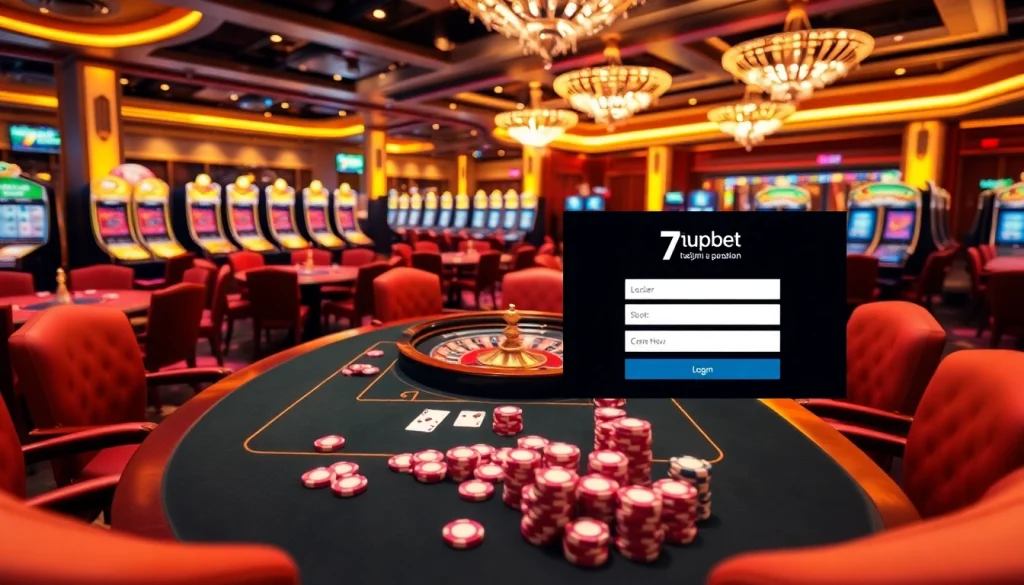 7upbet login interface featuring vibrant casino tables with cards and roulette wheels.