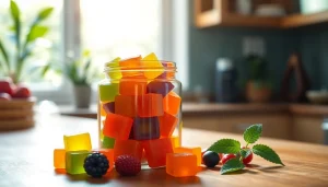 Colorful CBD & THC gummies showcased in a bright kitchen, emphasizing their vibrant appeal.