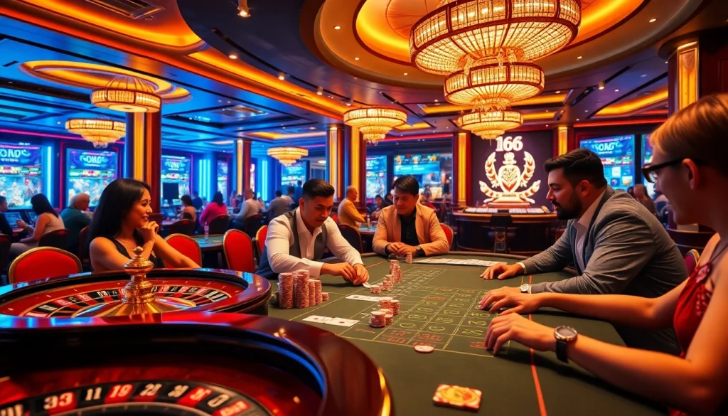 Gamblers enjoying intense moments at Nhà Cái MV66 gaming tables with vibrant chips and cards.