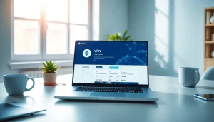 快连下载 VPN application interface displayed on a modern laptop in a bright workspace.