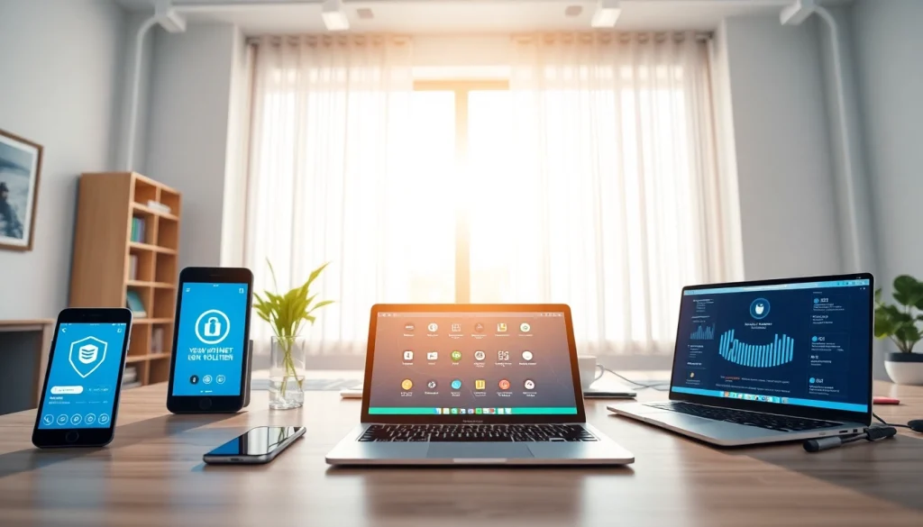 快连下载 interface displayed on multiple devices within a modern workspace, illustrating global connectivity.
