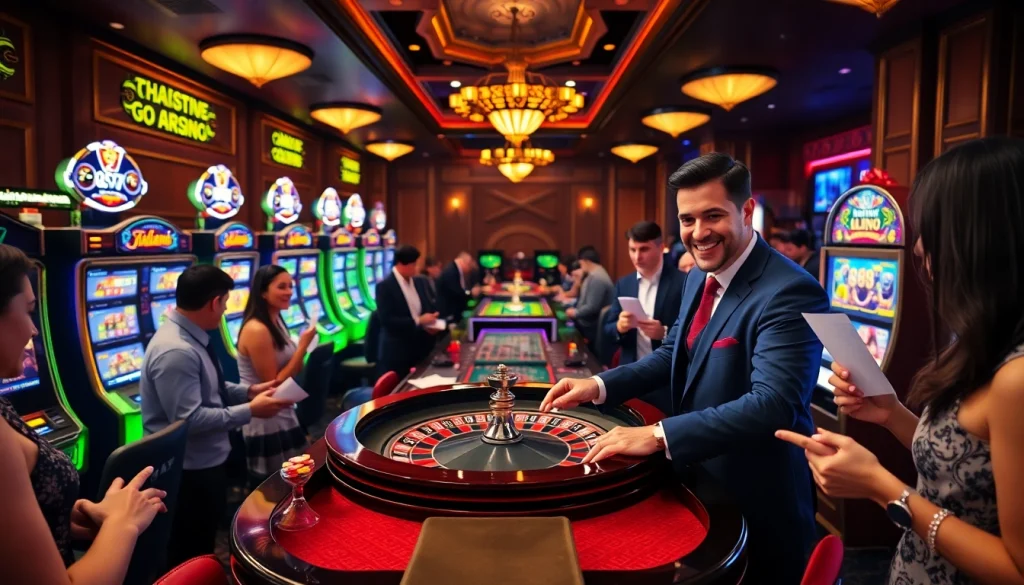 Experience the excitement of Thabet77 at a luxurious casino, featuring roulette and enthusiastic players.