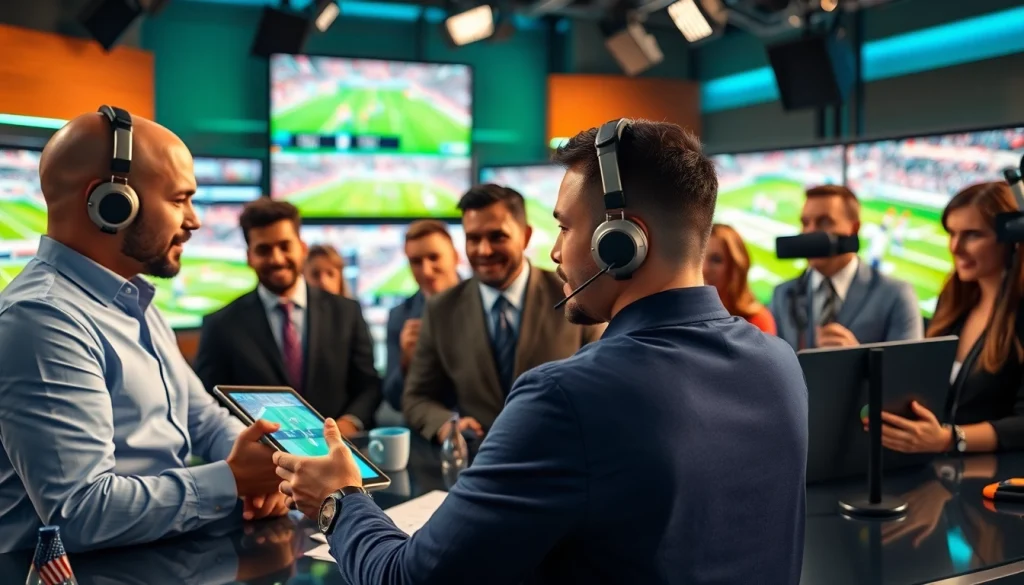 Experience the excitement of sports broadcasting with broadcasters live on air in a modern studio.