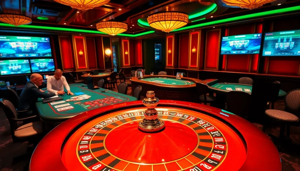 An engaging view of a bustling casino setting featuring roulette, poker, and betting activities at https://rr88co.net/ with vibrant colors.