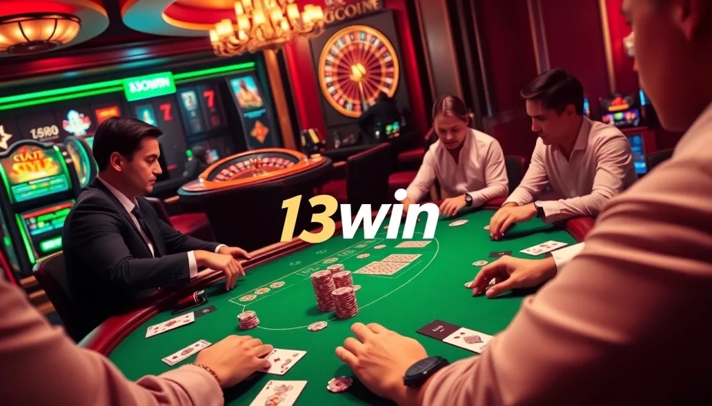 Experience the thrill of winning at 13win's luxurious casino tables filled with vibrant poker chips and cards.