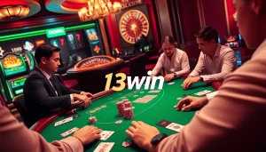 Experience the thrill of winning at 13win's luxurious casino tables filled with vibrant poker chips and cards.