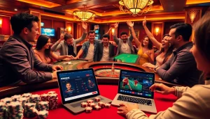 Nowgoal enhances the thrill of live betting at a vibrant casino scene, showcasing engaged players and exciting games.