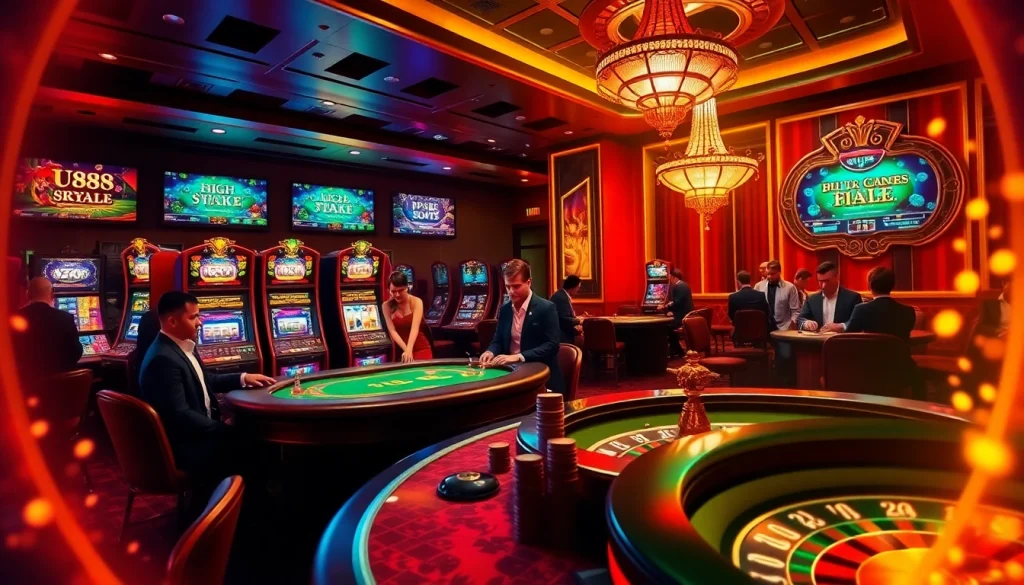 Players immerse in the vibrant U888 online casino experience, surrounded by thrilling games and luxurious decor.