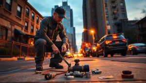 24 hour plumber NYC fixing a burst pipe on a bustling NYC street at dusk