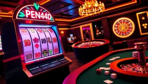 Experience the excitement of PEN4D with a player spinning a modern slot machine surrounded by vibrant casino elements.