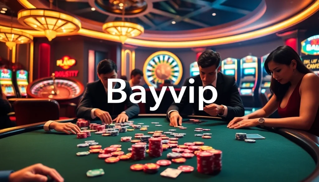 Bayvip casino scene featuring an intense poker game with vibrant chips and cards
