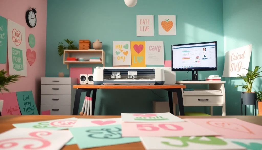 Cricut SVG designs displayed in a creative workspace with vibrant colors and a cutting machine.