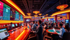 Experience dynamic sports betting at Thể Thao Da88 with enthusiastic gamblers and vibrant casino elements.