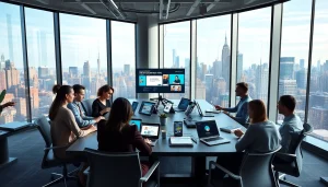 Custom website design NYC in a modern office showcasing a collaborative team atmosphere.