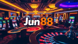 Experience the vibrant atmosphere of Jun88's premier casino with players at blackjack and spinning roulette.