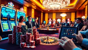 Excited players enjoying a GG88-themed casino experience with poker chips and a roulette wheel.