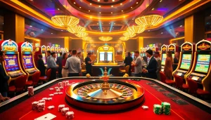 Experience the thrill of mb66 with a vibrant casino scene featuring poker chips and a roulette wheel.