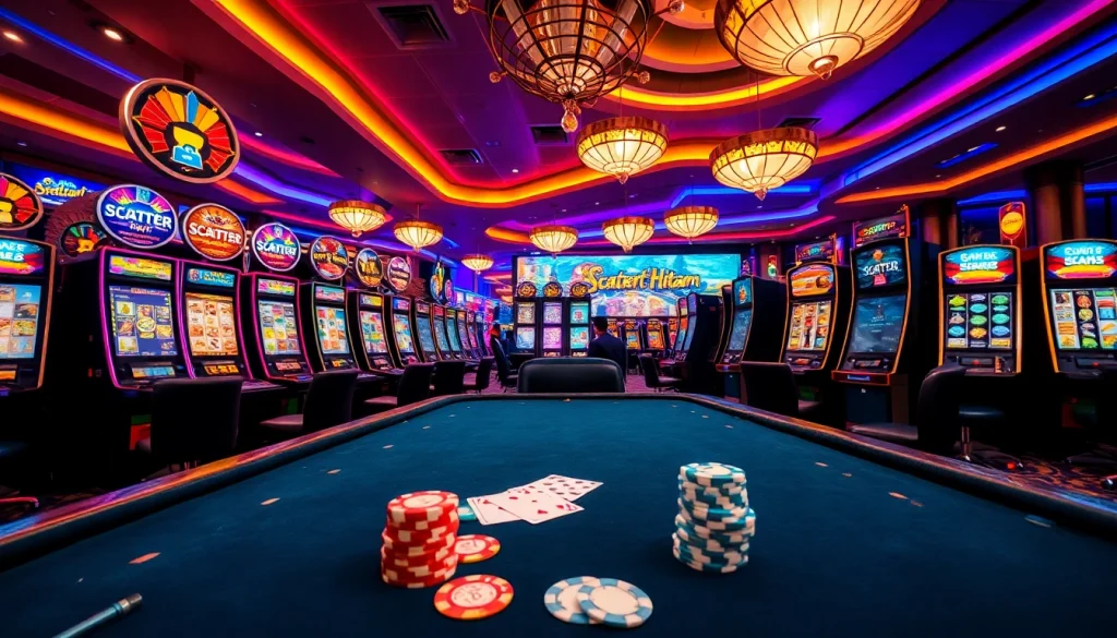 Experience the thrill of scatter hitam on vibrant slot machines in a luxury casino.